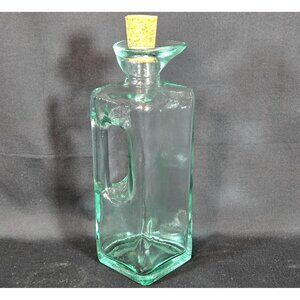 Vintage Square Aqua Green Pressed Glass Decanter Cruet w Handle Cork Stopper 7"
